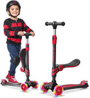 Black and Red 3 Wheel Scooter with Seat for Kids – Light-Up LED Wheels, Adjustable Handlebar and Seat, Smooth PU Wheels, Wide Anti-Slip Deck, Rear Foot Brake – Toddler Outdoor Toys for Ages 2+ by TinyTreasures Baby Boutique
