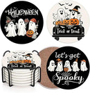 Coaster for Drinks Set of 6, Halloween Black and White Ghost Pumpkins Absorbent Round Ceramic Stone Mat, with Cork Base and Metal Holder, Gift for Housewarming Room Bar Decor by CozyNest Decor