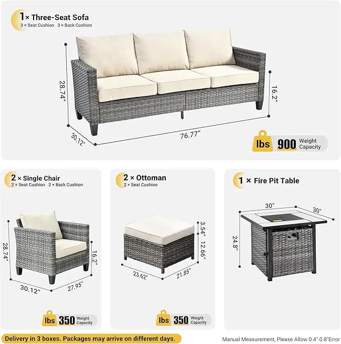 ovios 6 Pieces Patio Furniture Set with 30" Fire Pit Table, Outdoor Wicker Sofa with Comfy Cushions, All Weather High Back Rattan Couch Conversation Set, Beige, photo 8 of 8