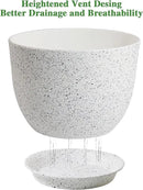 12/10/9 Large Modern Plant Pots, Plastic Planters with Drainage Holes and Saucers for Indoor Outdoor Plants Flowers, White Speckles