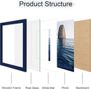 11x14 Picture Frame Set of 4, 11 x 14 Wood Photo Frames with Mat for 8x10, Natural Wooden Frame with Real Glass Cover for Wall and Tabletop Display,Blue by CozyNest Decor