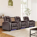 ANJ Power Home Theater Seating Set of 3, Brown Faux Leather Electric Recliner Chair with Powered Headrest, Dual Motors Movie Reclining Chairs with LED Lights,USB Port,Cup Holders, Hidden Arm Storage by CozyNest Decor