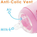 PopYum Pink Formula Making Baby Bottle Starter Set, 4-Pack, 2X 5oz Bottles with #1 Slow Flow Nipples + 2X 9oz Bottles with #2 Medium Flow Nipples, Mixing, Dispenser