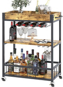 Bar Cart Serving Wine 3 Tier Home Rolling Rack with Wheels Mobile Kitchen Industrial Vintage Style Wood Metal Serving Trolley Serving Cart,Glass Holder Bar Cabinet by CozyNest Decor