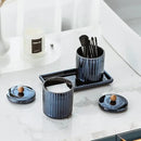 Qtip Holder Bathroom Set with Tray(3PCS) - 2 Piece 12 oz Blue Apothecary Jar Canister with Lid and 1 Pack Ceramic Vanity Tray by CozyNest Decor
