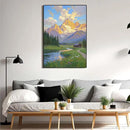 The mountain stream and lawn scenery under the sun is suitable for posting in the living room bedroom office landscape poster wall painting by CozyNest Decor