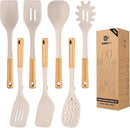 Silicone Kitchen Utensil Set for Non Stick Cookware, 7 Pcs Heat Resistant Cooking Utensils with Wooden Handle, BPA Free Kitchen Tools with Spatulas, Spoons, Skimmer and Pasta Fork (KHAKI) by CozyNest Decor
