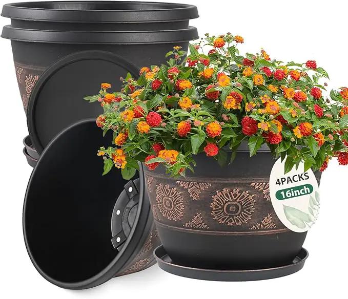 4 Pack 16 inch Plant Pots, Retro Pattern Planters with Drainage Holes and Saucer, Sturdy Plastic Garden Flower Pots for Indoor & Outdoor Plants