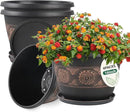 4 Pack 16 inch Plant Pots, Retro Pattern Planters with Drainage Holes and Saucer, Sturdy Plastic Garden Flower Pots for Indoor & Outdoor Plants by GreenHaven Gardens