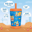 Kid Insulated Stainless Steel Tumbler with Silicone Straw, 12oz Sippy Cup for Kids (Construction Trucks) by TinyTreasures Baby Boutique