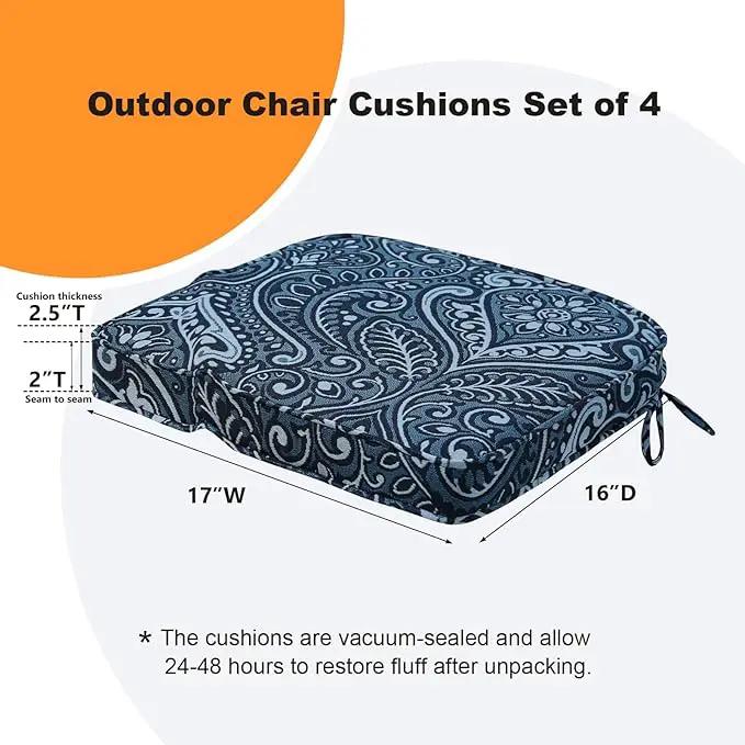 Round Corner Seat Cushions, 17" x 16" x 2", Set of 4, Indoor Outdoor Water Repellent Universal Chair Pads with Ties for Patio Furniture, Garden Deck Dining Chairs, Damask Blue Flower, photo 5 of 6