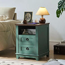 18" Farmhouse Night Stand with Charging Station, 2 Drawers Bedside End Table, Green Wooden Nightstand, Bed Side Table Cabinet with Open Shelf for Bedroom Living Room Office by CozyNest Decor