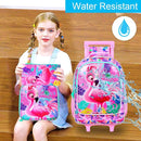 Girls Rolling Backpack, Cute Flamingo Roller Wheels Kids Bookbag - Wheeled Elementary School Bag - 3PCS Flamingo by TinyTreasures Baby Boutique