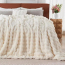 Lotus Karen Queen Size Faux Fur Blanket - Cream White Big Bubble Rabbit Fluff, 90x90 Inches by CozyNest Decor