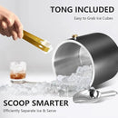 4L Ice Bucket with Silicone Lid, Scoop, Gold Tongs & Strainer, Stainless Steel Double Wall Insulated Ice Buckets for Parties & Cocktail Bar Outdoor Champagne Ice Container Bin, Black by CozyNest Decor