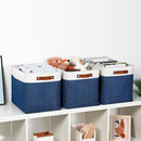 DULLEMELO Large Storage Baskets with Leather Handles for Linen Closet and Home Office, Decorative Baskets for Toys Storage (White & Blue) by TinyTreasures Baby Boutique