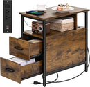 Side Tables with Charging Station, Narrow End Table with 2 Wooden Drawers, USB Ports and Power Outlets, Narrow Nightstand and Bedside Table, Side Tables Living Room, Bedroom, Brown by TinyTreasures Baby Boutique
