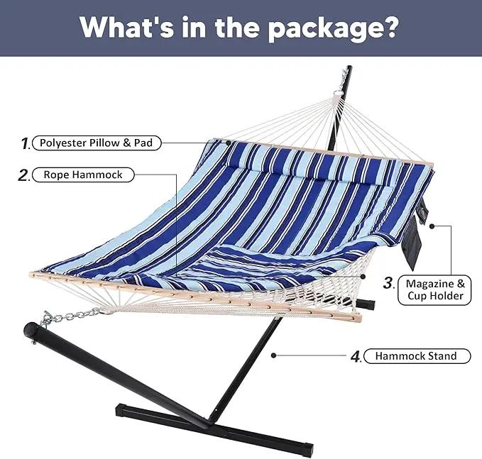 SUNCREAT Double Hammock with Stand, Two Person Cotton Rope Hammock, Blue Stripe, photo 7 of 7