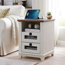 Nightstand with Charging Station,OKD 18'' Industrial & Farmhouse Square End Table w/ 2 Drawers & Open Cubby, Rustic Mesh Drawer Sofa Side Table w/Storage for Bedroom, Living Room Office, Antique White by CozyNest Decor