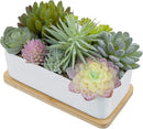 MyGift Assorted Artificial Succulent Plant Arrangement Potted in White Ceramic Planter Pot with Removable Bamboo Tray by CozyNest Decor