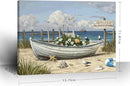 amatop Coastal Wall Art– Beach Scene Picture with Boat on Sandy Shore, Flowers and Sea Birds, Blue Ocean Seascape Themed Canvas Print Nautical Artwork for Bathroom and Bedroom Decor, Small 16x12 Inch by CozyNest Decor