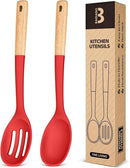 Silicone Cooking Spoons, Great for Scooping Sides and Serving Hearty Stews, BPA-Free Matte Silicone, Wooden Handle Serving Spoon for Nonstick Cooking Surfaces (Red) by CozyNest Decor