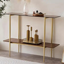 Glass Console Table for Living Room, Foyer & Entrance, 2-Tiers Mid-Century Modern Sofa Table with Amber Glass Top, Walnut Finish Wood Shelf and Gold Finish Frame by CozyNest Decor
