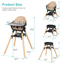 Baby High Chair, 6 in 1 Wooden Convertible High Chairs for Babies and Toddlers, Booster Seat with Double Tray & Reversible Footrest, 5-Point Harness Infants Feeding Seat, Black by TinyTreasures Baby Boutique