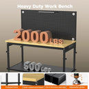 48" Heavy Duty Work Bench Adjustable Height Max Load 2000 LBS with Storage Shelf for Garage Workbench, Rubberwood Tabletop with Pegboard, LED Light, Built-in Power Strip for Woodworking Shop by GreenHaven Gardens