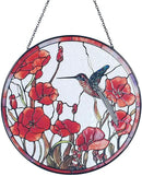 7.8'' Hummingbird Suncatcher Stained Glass Suncatchers - Originally Designed Hummingbird Red Poppies Ornament for Sun Catcher Indoor Window | Gifts for Hummingbird Lovers Painted Glass Panel Decor by GreenHaven Gardens