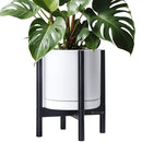 D'vine Dev Ceramic Planter with Ebony Stand - 12 Inch Modern Round Flower Pot with Wood Planter Holder, White, 55-B-H-1 by CozyNest Decor