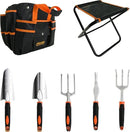 Gardening Tool Set, Stainless Steel 7-Piece Gardening Tools with Heavy-Duty Folding Stool and Detachable Canvas Tote Bag, Black and Orange, Ideal Gardening Gifts for Women and Men by GreenHaven Gardens