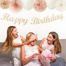 Champagne Rose-Gold Beige Birthday Party-Decorations - 14pcs Happy Banner Boho Lanterns Tissue Pom Poms,Rustic Streamers Garland Fans,Neutral One Sweet Peach Girls Women Hanging Supplies Decor Hugfond by CozyNest Decor