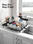 SUNLY Large Dish Drying Rack, Expandable Dish Racks for Kitchen Counter, Space Saving 304 Stainless Steel Drying Rack Kitchen, Extra Large Drainer with Multifunctional Flip Up Pegs, Black by CozyNest Decor