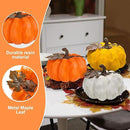 Large Pumpkin Decor Fall Decor, 3PCS Resin Pumpkins Thanksgiving Decorations with Metal Maple Leaf,5.9Inch Artificial Pumpkins for Home, Farmhouse, Mantel, Centerpiece Table Decorations by CozyNest Decor