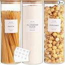 3 Pack Glass Jar with Airtight Bamboo Lid and White 132 Kichen Pantry Labels Preprinted - 70 Oz Clear Tall Glass Food Storage Containers set For Noodles Pasta Spaghetti by CozyNest Decor