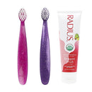 RADIUS Toddler Toothbrush and Toothpaste Bundle for Kids, 2 Pack Totz Extra Soft Brush in Pink and Purple Sparkle and 1 Count Dragon Fruit Toothpaste, for Children 18 Months and Up by TinyTreasures Baby Boutique