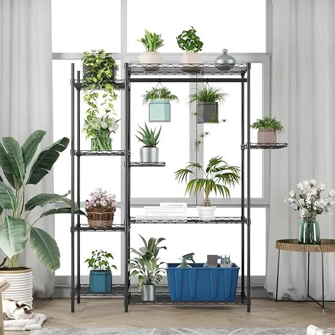 Xiofio Plant Stands for for Indoor Outdoor, Heavy Duty Metal Plant Stand,large Plant Shelf,Adjustable Plant Shelves With Hanging Rod for Living Room,Balcony,Garden,Black, photo 3 of 6