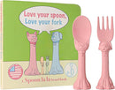 Made in USA Spoon la la Toddler Utensils Set (2 Pack) & Board Book - Spoon & Fork for Kids, Self-Standing 3D Ergonomic Cat & Dog Handles, BPA-free, Dishwasher Safe Baby Silverware (Pink) by TinyTreasures Baby Boutique