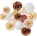 Boho Rustic Wedding Party-Decorations Paper Flowers Lanterns - 15PCS Fall Baby Shower Gender Neutral Streamers,Brown Champagne White Tissue Pom Poms,Autumn Birthday Bridal Decor Hugfond by CozyNest Decor
