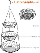 3 Tier Hanging Basket with Sturdy Metal Chain Hanging Hooks Fruit and Vegetable Basket Heavy Duty Wire Organizer Space Saving Rustic Country Style Kitchen Storage by CozyNest Decor