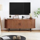 TV Stand with Power Outlet, Mid-Century Modern Television Stand, Media Console with Sliding Doors, Entertainment Center for TVs up to 60 Inch, Adjustable Shelves, Walnut by CozyNest Decor