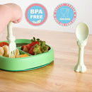 Made in USA Spoon la la Toddler Utensils Set (2 Pack) & Board Book - Spoon & Fork for Kids, Self-Standing 3D Ergonomic Cat & Dog Handles, BPA-free, Dishwasher Safe Baby Silverware (Mint Green) by TinyTreasures Baby Boutique