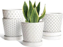 EFISPSS Ceramic Plant Pots Indoor, 5 Inch Planters with Drainage Holes and Ceramic Tray, Relief Design Flower Planter, Desktop Office Windowsill Decoration Gift Set of 4, White by GreenHaven Gardens