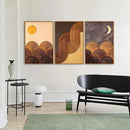 Tinonedraw Boho Mountain Framed Canvas Wall Art Set, Mid Century Modern Geometric Line Wall Decor, Bohemian Sun and Moon Art Paintings, Beige Brown Wooden Artwork for Living Room Bedroom Office 16"x24"x3 by CozyNest Decor