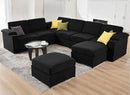 Modular Sectional Sofa Couch for Living Room Velvet Cloud Couches Oversized U Shaped Sectional Couch Convertible Sleeper Sofa Chaise Padded Armrests Cup Holder (Black, 8 Seats) by CozyNest Decor