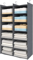 Dual-Row 6 Tier Shelf Hanging Closet Organizer and Storage, 12 Pockets Clothes Storage Shelves with 3 Sturdy Hooks for Clothing Organization, Dorm Room Essentials for Girls, Foldable, Grey by CozyNest Decor