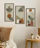 Putuo Decor Boho Wall Art Set of 3, Abstract Geometric Wooden Wall Decor, Mid-Century Modern Aesthetic Artwork with Arch, Vase & Botanical Design for Living Room, Bedroom, Office, 16.5 x 8.6 Inch by CozyNest Decor