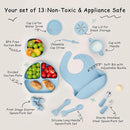 Baby Silicone Feeding Set, 13PCS Baby Self Feeding Set, Toddler Led Weaning Utensils Sets with Suction Bowl and Plate, 3 Set of Baby Spoons and Forks, Adjustable Bid, Sippy Cup with Straw and 2 Lids by TinyTreasures Baby Boutique
