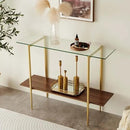Glass Console Table for Living Room, Foyer & Entrance, 2-Tiers Mid-Century Modern Sofa Table with Clear Glass Top, Walnut Finish Wood Top and Gold Finish Metal Frame by CozyNest Decor